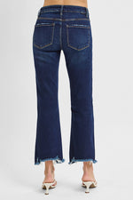 Risen Denim Cropped Straight Leg Distressed Hem Jeans- Dark Wash