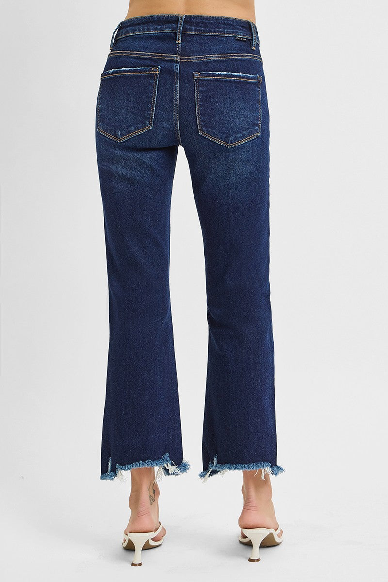 Risen Denim Cropped Straight Leg Distressed Hem Jeans- Dark Wash