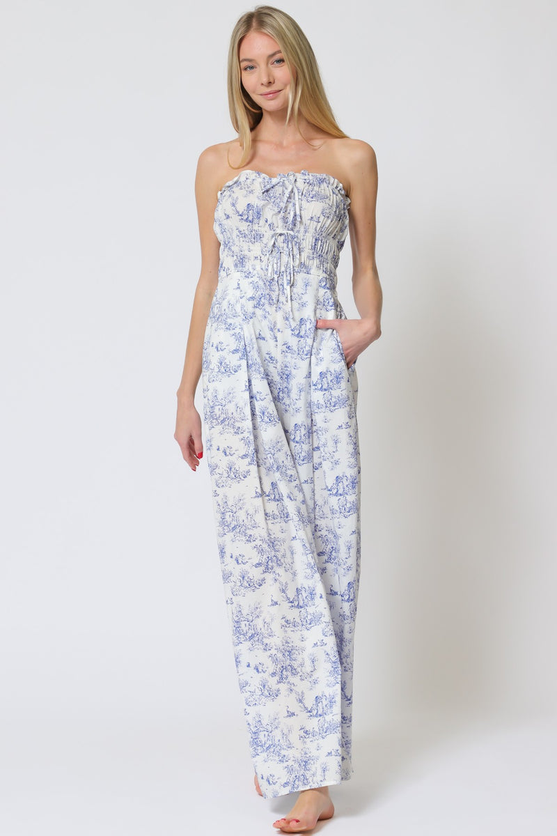 Silver Linings Smocked Waist Toile Jumpsuit - White/Blue