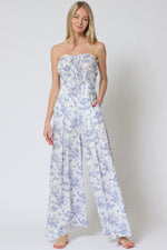 Silver Linings Smocked Waist Toile Jumpsuit - White/Blue