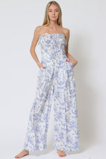 Silver Linings Smocked Waist Toile Jumpsuit - White/Blue