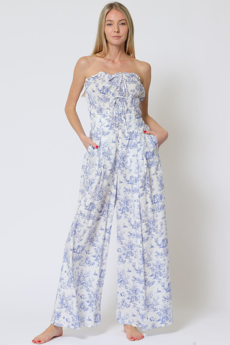 Silver Linings Smocked Waist Toile Jumpsuit - White/Blue
