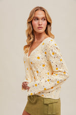 California Honey Daisy Detail Crochet Cardigan- Butter