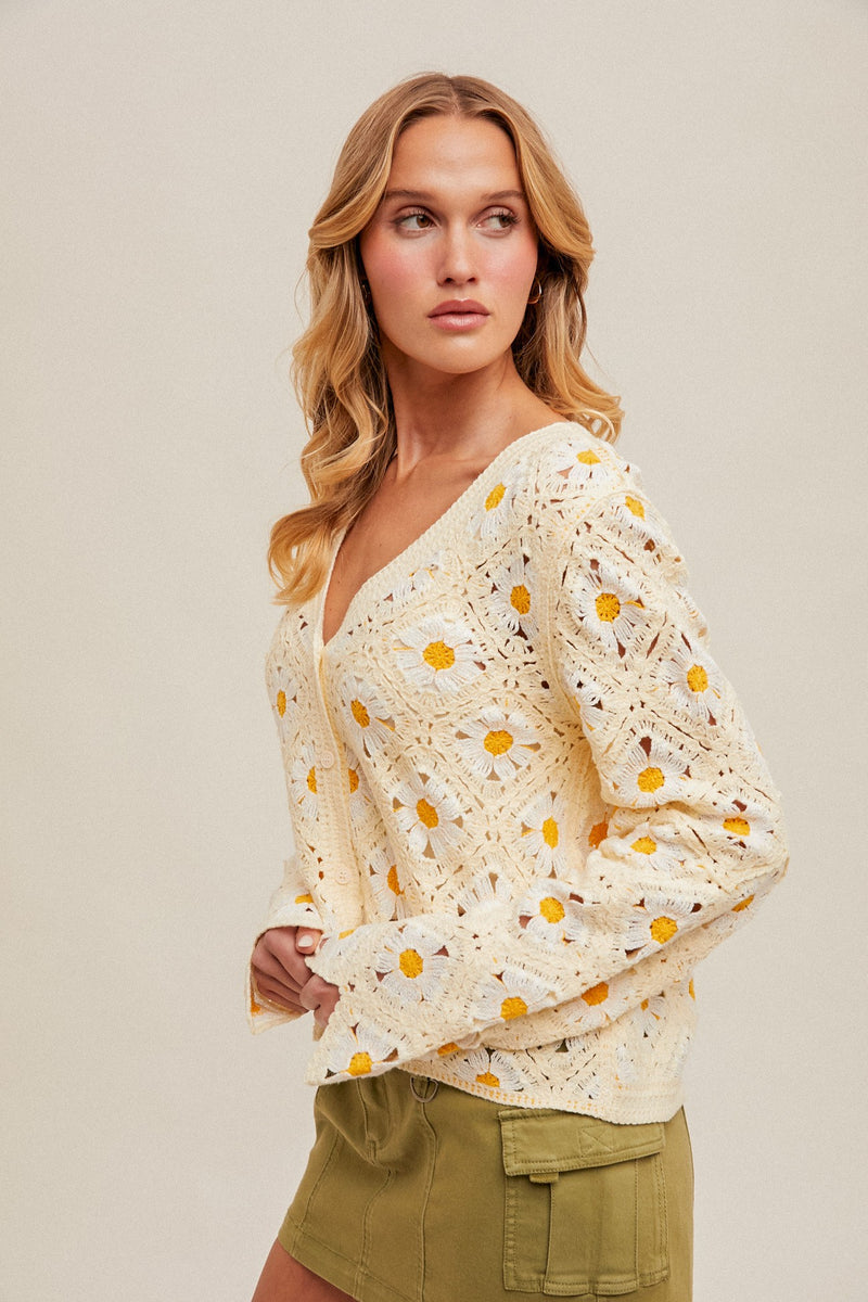 California Honey Daisy Detail Crochet Cardigan- Butter