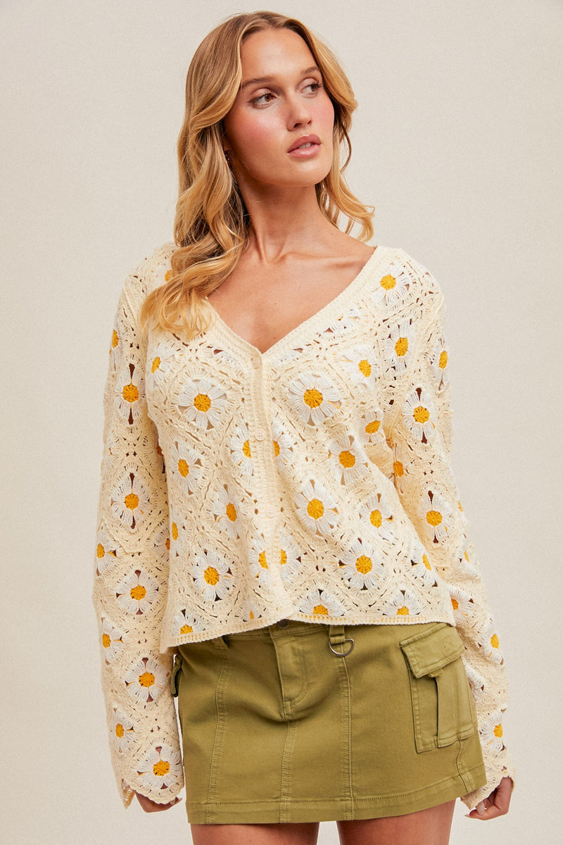California Honey Daisy Detail Crochet Cardigan- Butter