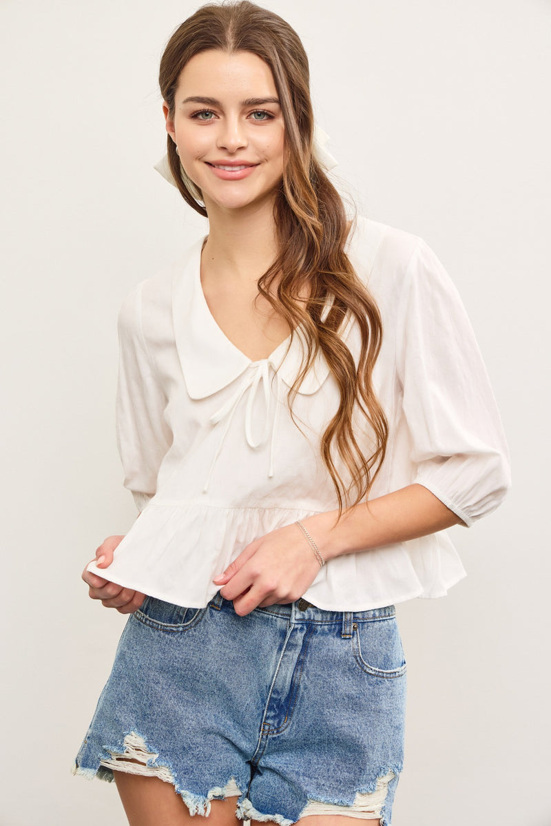 Willow Whim Balloon Sleeve Collared Blouse- White