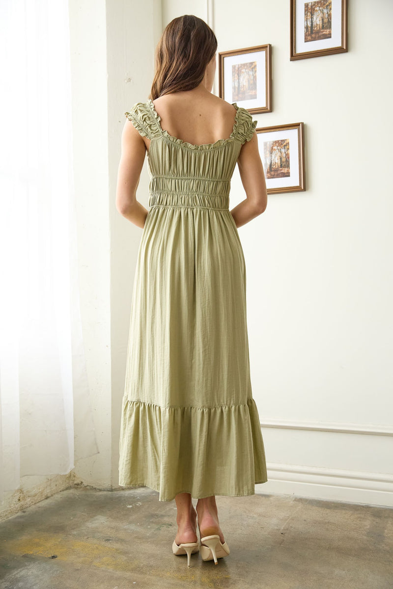 Sage and Sway Shirred Waist Short Sleeve Midi Dress- Olive