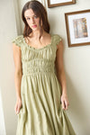 Sage and Sway Shirred Waist Short Sleeve Midi Dress- Olive