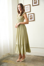 Sage and Sway Shirred Waist Short Sleeve Midi Dress- Olive