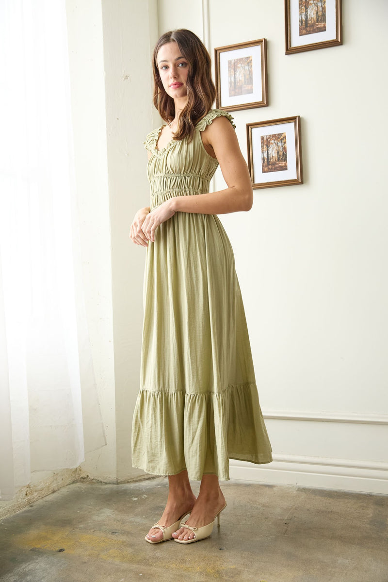 Sage and Sway Shirred Waist Short Sleeve Midi Dress- Olive