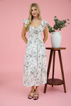 Mariposa Bloom Butterfly Sleeve Front Tie Floral Midi Dress- Black/White