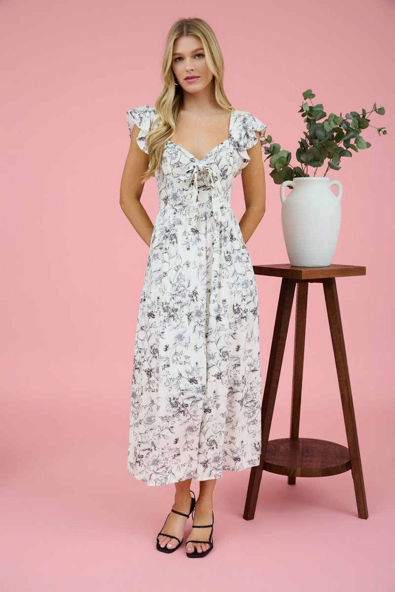 Mariposa Bloom Butterfly Sleeve Front Tie Floral Midi Dress- Black/White