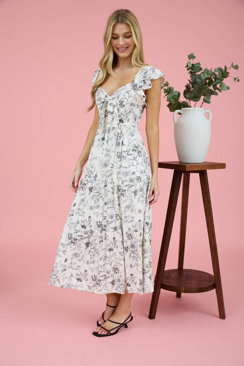 Mariposa Bloom Butterfly Sleeve Front Tie Floral Midi Dress- Black/White