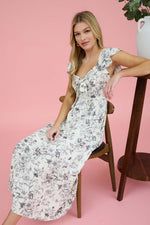 Mariposa Bloom Butterfly Sleeve Front Tie Floral Midi Dress- Black/White