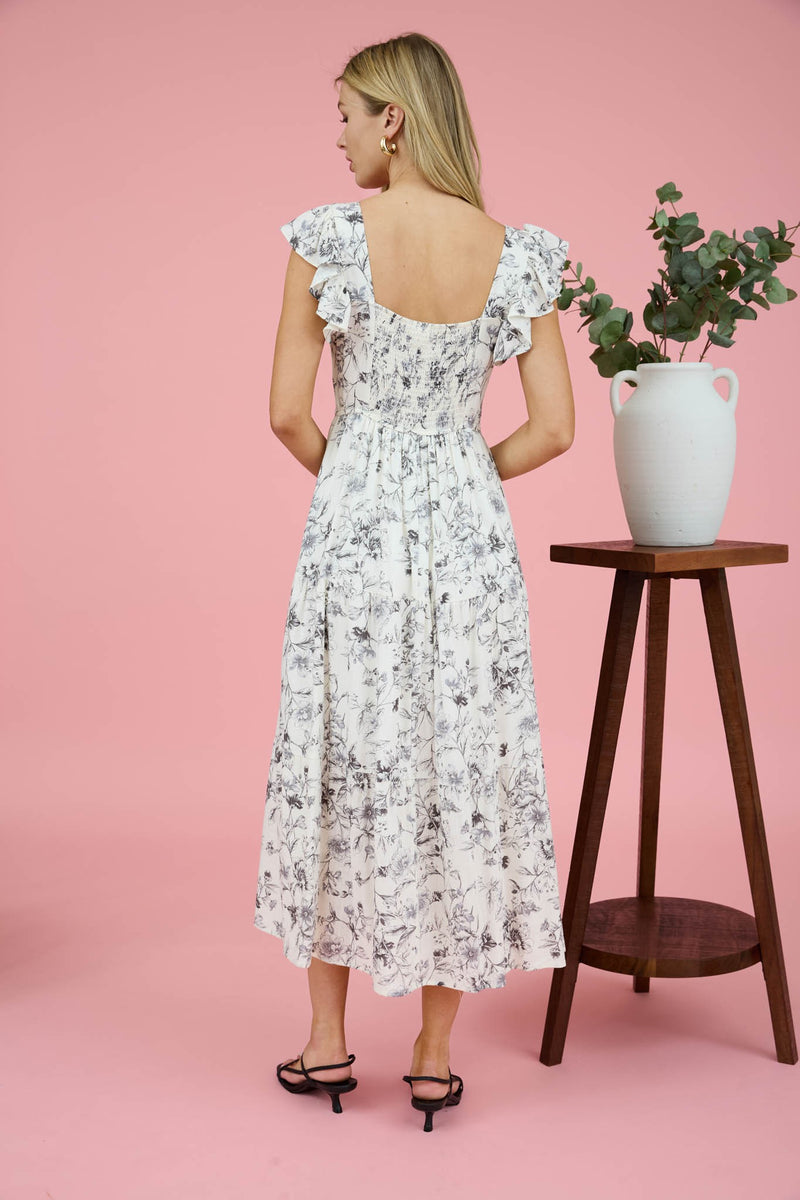 Mariposa Bloom Butterfly Sleeve Front Tie Floral Midi Dress- Black/White