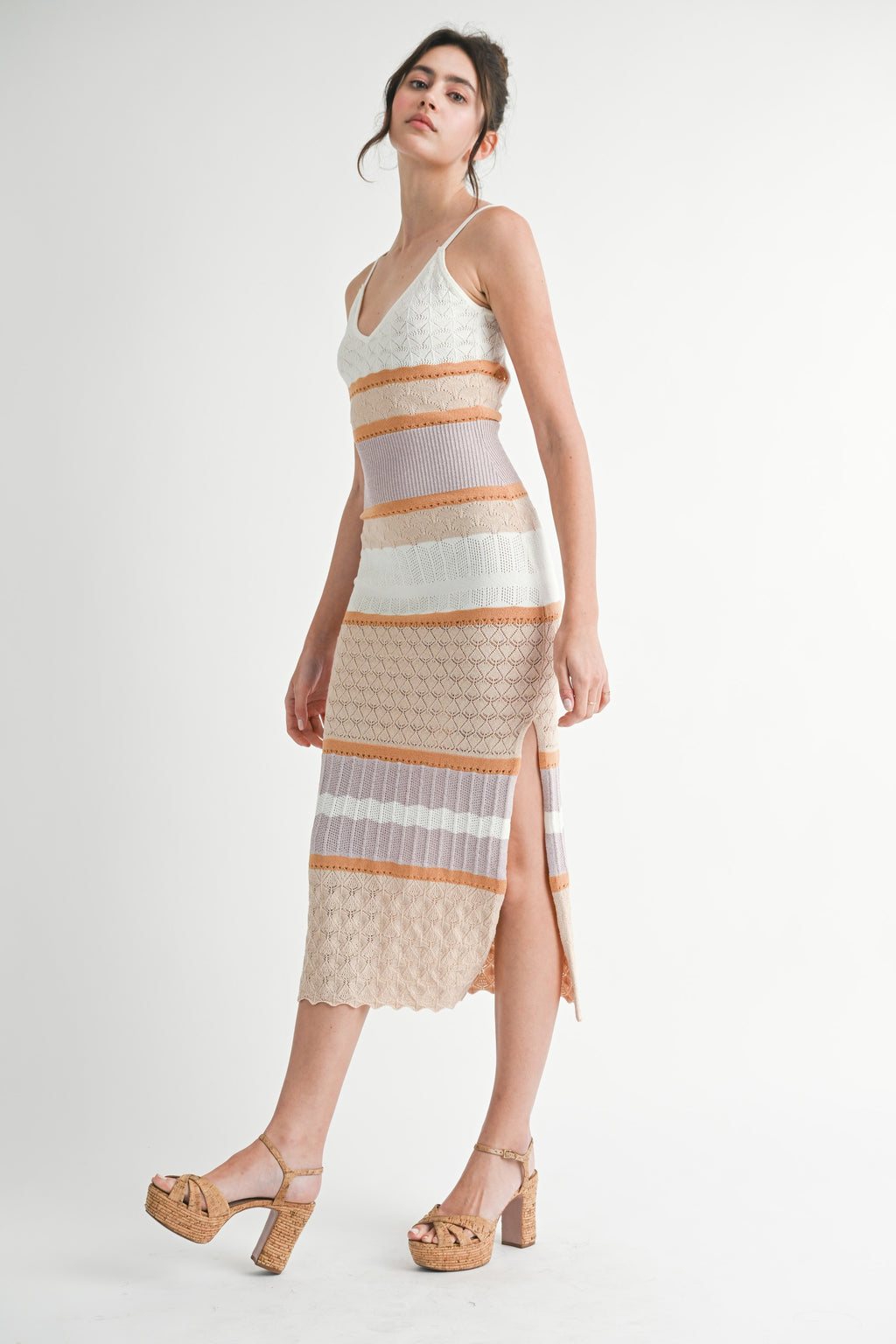 Peachy Kee Spaghetti Strap Knit Bodycon Dress - Taupe/ Multi