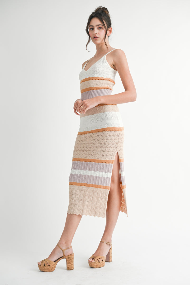 Peachy Keen Spaghetti Strap Knit Bodycon Dress - Taupe/ Multi