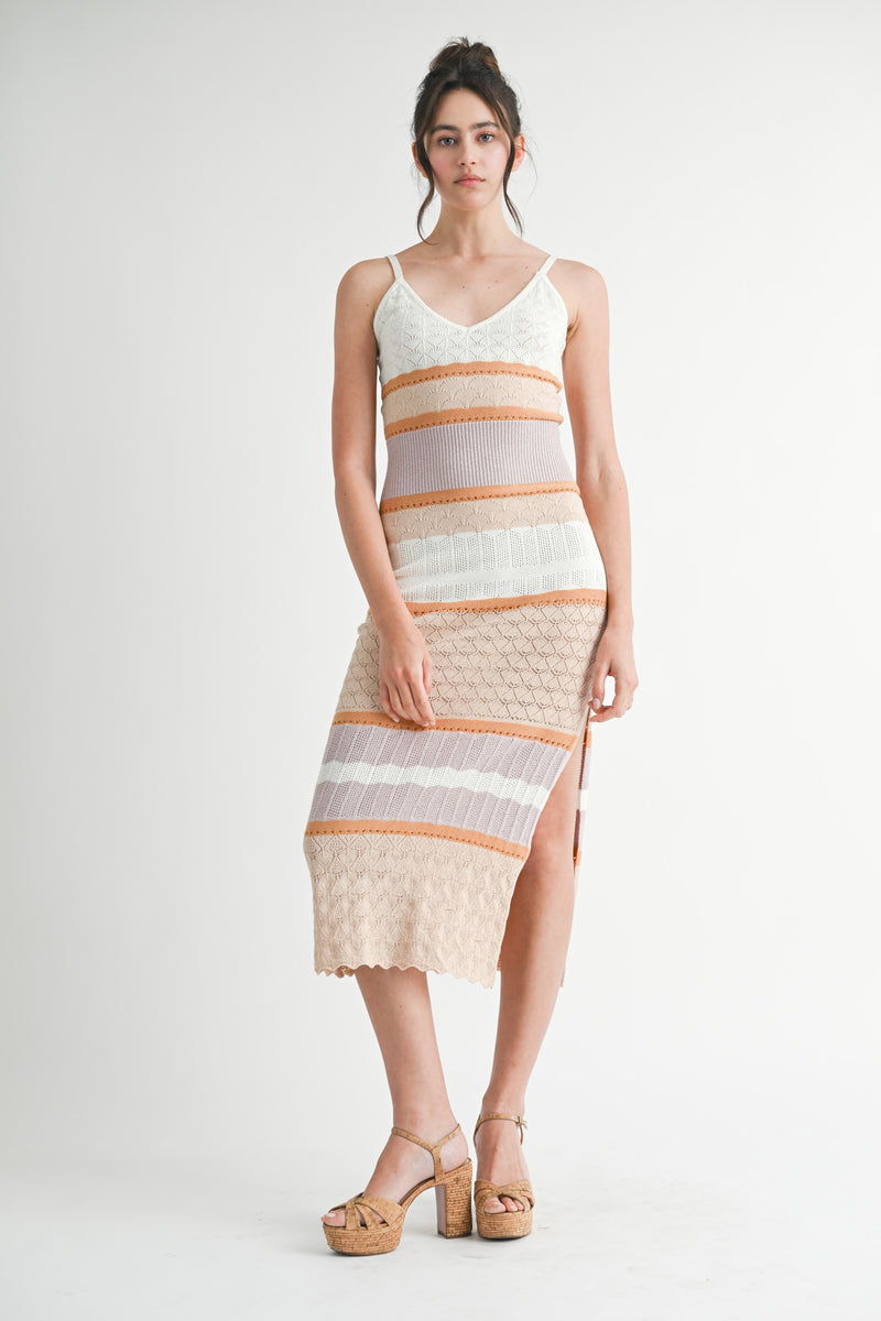 Peachy Keen Spaghetti Strap Knit Bodycon Dress - Taupe/ Multi