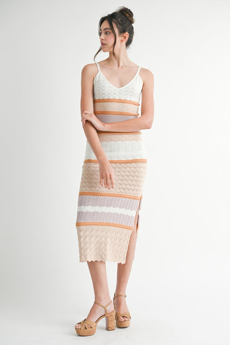 Peachy Keen Spaghetti Strap Knit Bodycon Dress - Taupe/ Multi