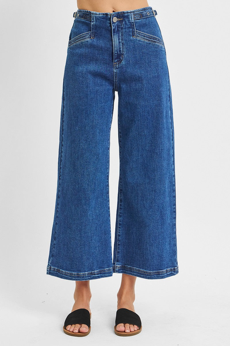 Risen High Rise Crop Wide Adjustable WB Jeans- Solid Dark