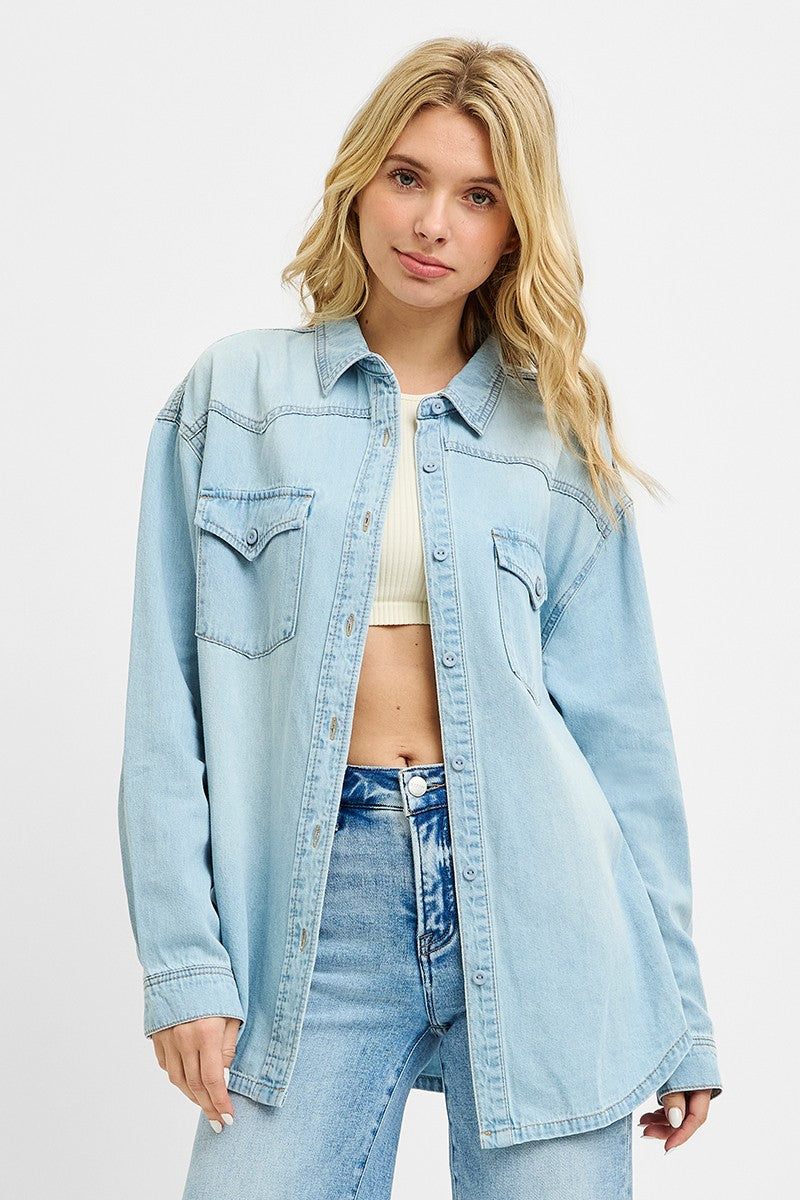 Risen Oversized Denim Button Up Western Pockets- Light Wash