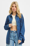 Risen Oversized Denim Button Up Western Pockets- Dark Wash