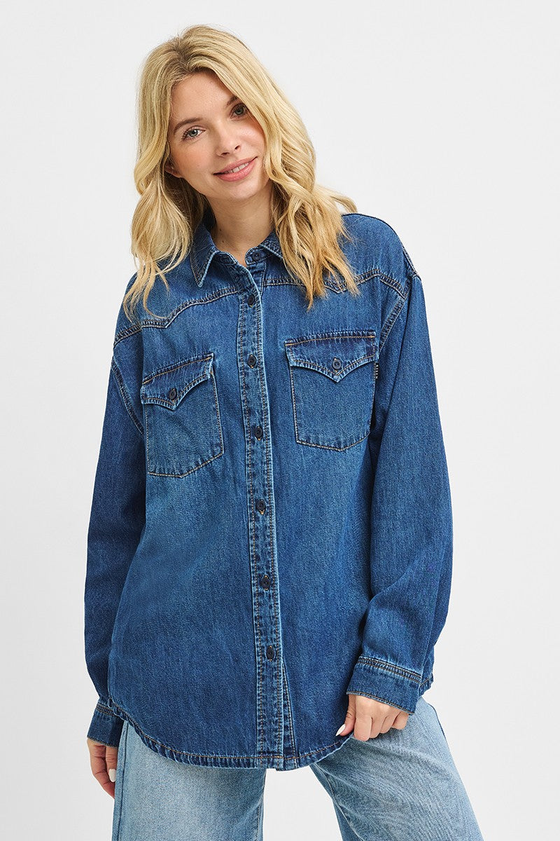 Risen Oversized Denim Button Up Western Pockets- Dark Wash