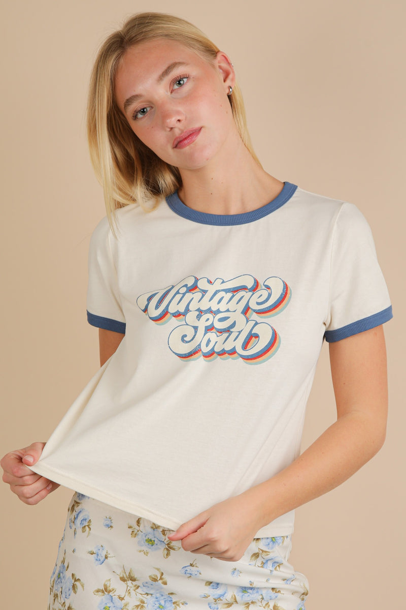 Vintage Soul Crew Neck Tee- Cream/Navy