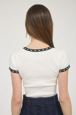 Sadie Round Neck Trim Detail Crop Top - Cream/Black