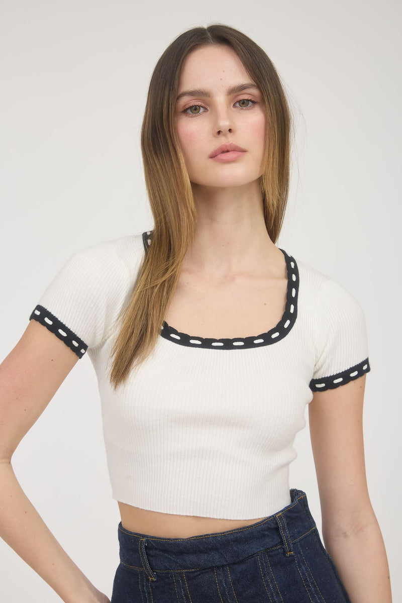 Sadie Round Neck Trim Detail Crop Top - Cream/Black