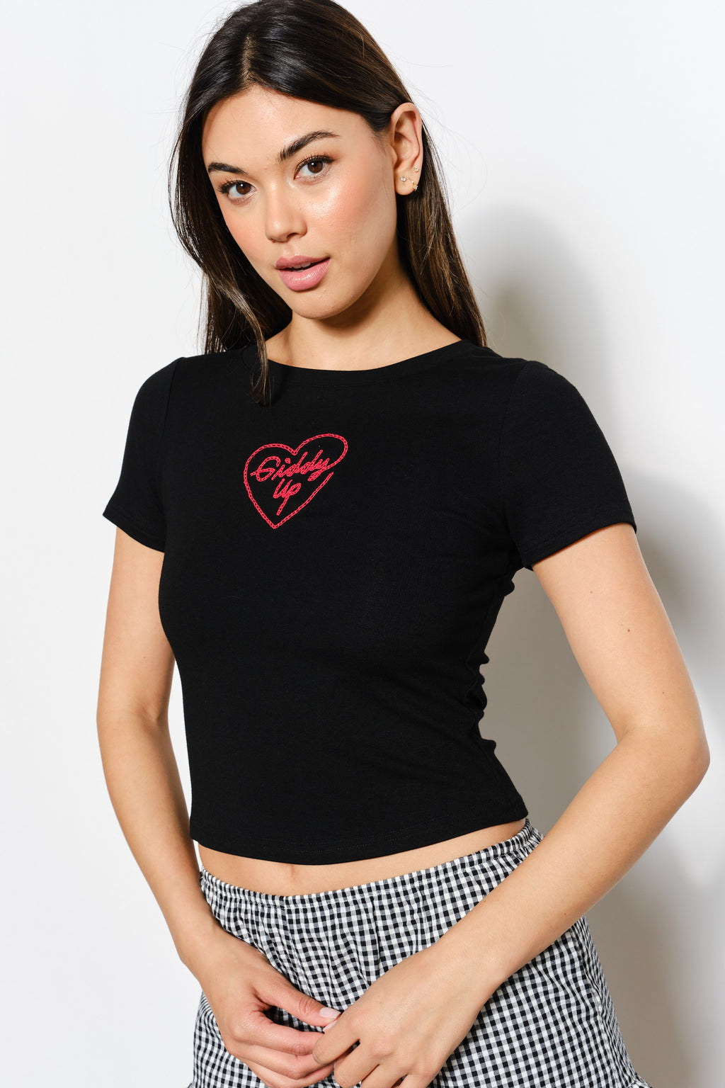 Giddy Up Embroidered Tee- Black/Red