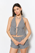 Get Rowdy Halter Neck Gingham Top-Black/White