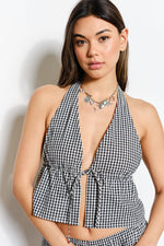 Get Rowdy Halter Neck Gingham Top-Black/White