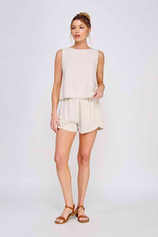 Seashell Softie Linen Lace Trim Top- Natural