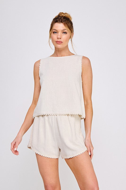Seashell Softie Linen Lace Trim Top- Natural