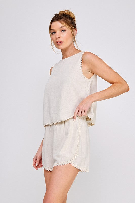 Seashell Softie Linen Lace Trim Top- Natural