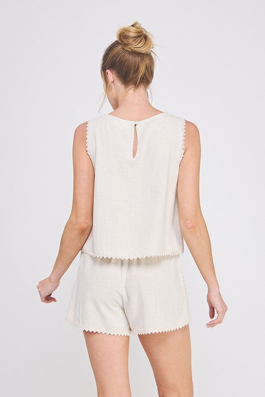 Seashell Softie Linen Lace Trim Top- Natural