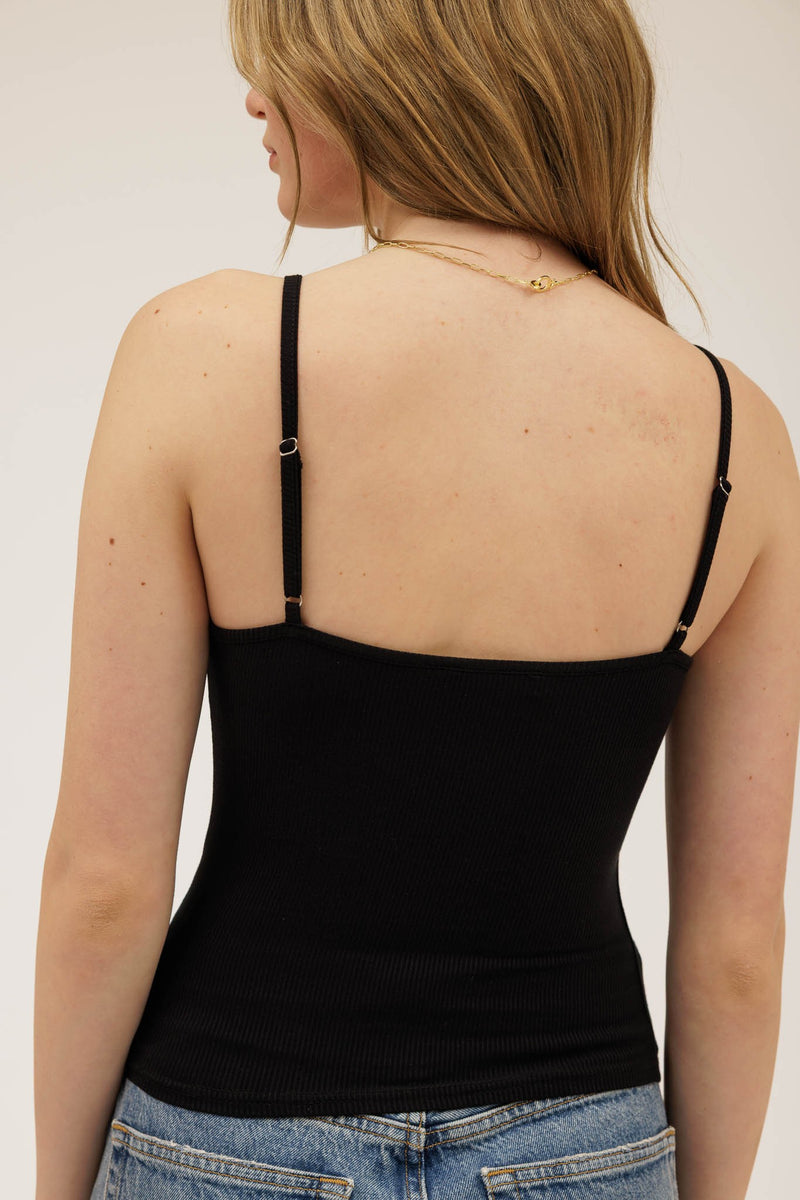 Late Night Lace Trim Ribbon Detail Cami - Black