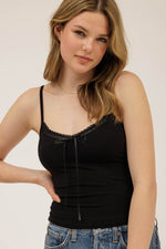 Late Night Lace Trim Ribbon Detail Cami - Black