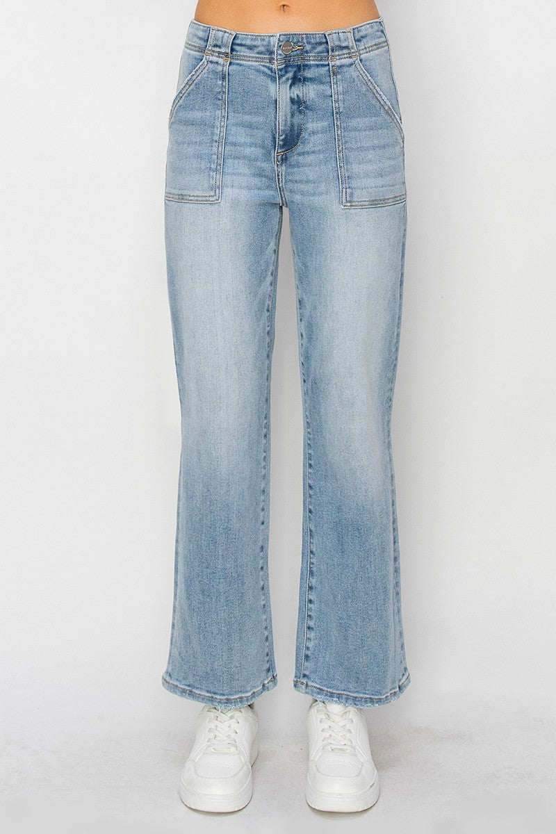 Risen Jeans High Rise Cropped Patch Pocket Jeans- Light Wash