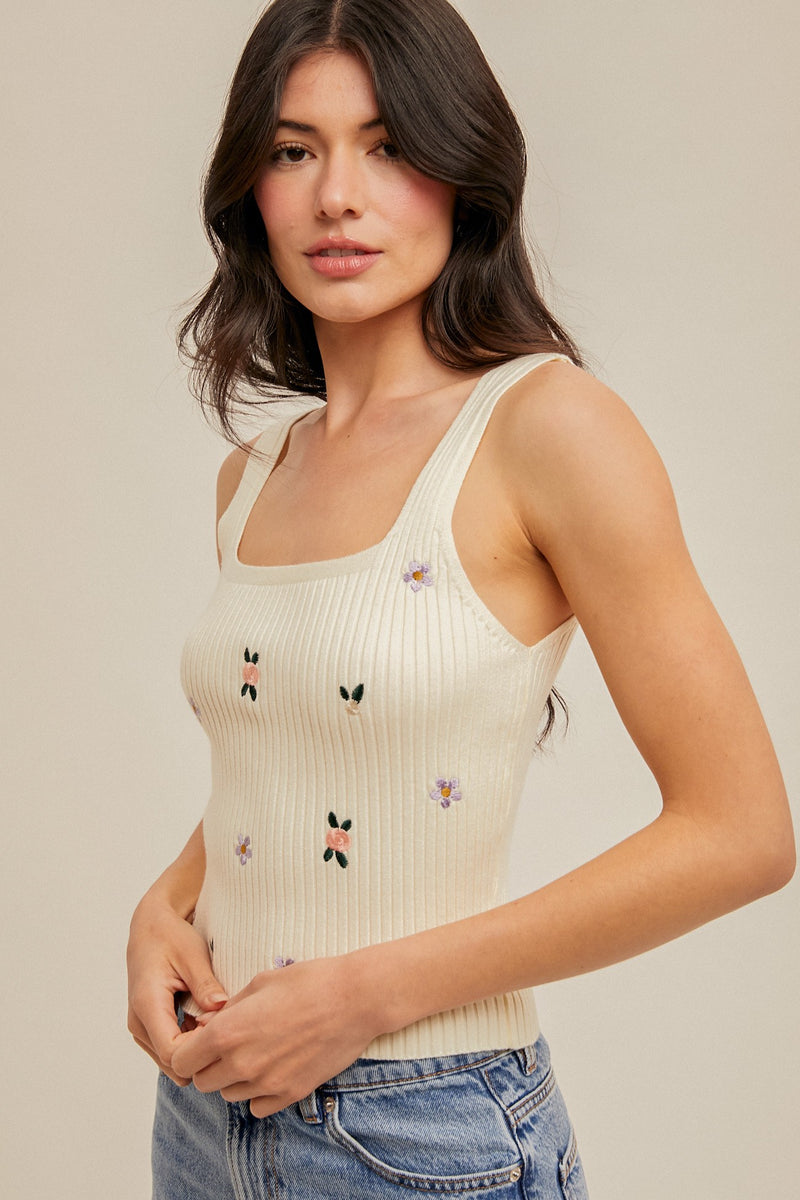 Flora Mae Tank Top W/ Floral Embroidery- Ivory