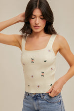 Flora Mae Tank Top W/ Floral Embroidery- Ivory