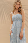 Coastal Labyrinth Empire Waist Tiered Midi Dress- Sky