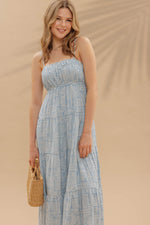 Coastal Labyrinth Empire Waist Tiered Midi Dress- Sky
