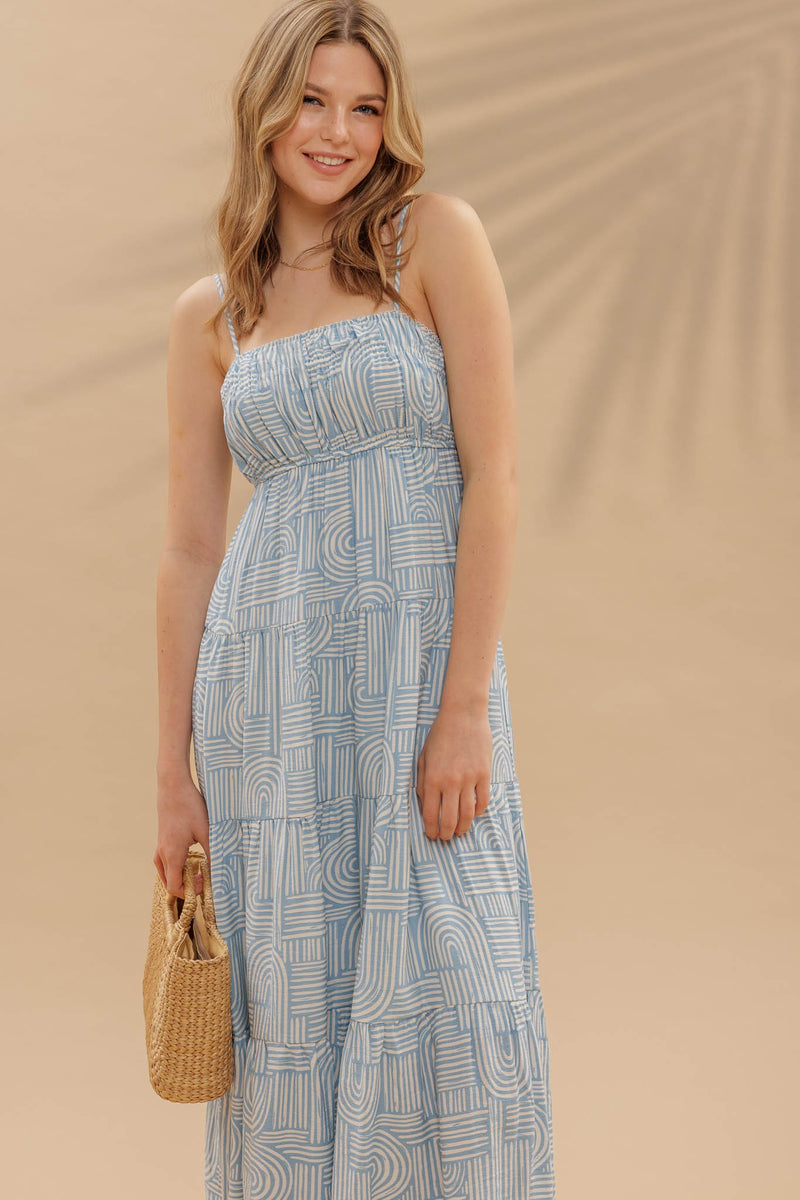 Coastal Labyrinth Empire Waist Tiered Midi Dress- Sky
