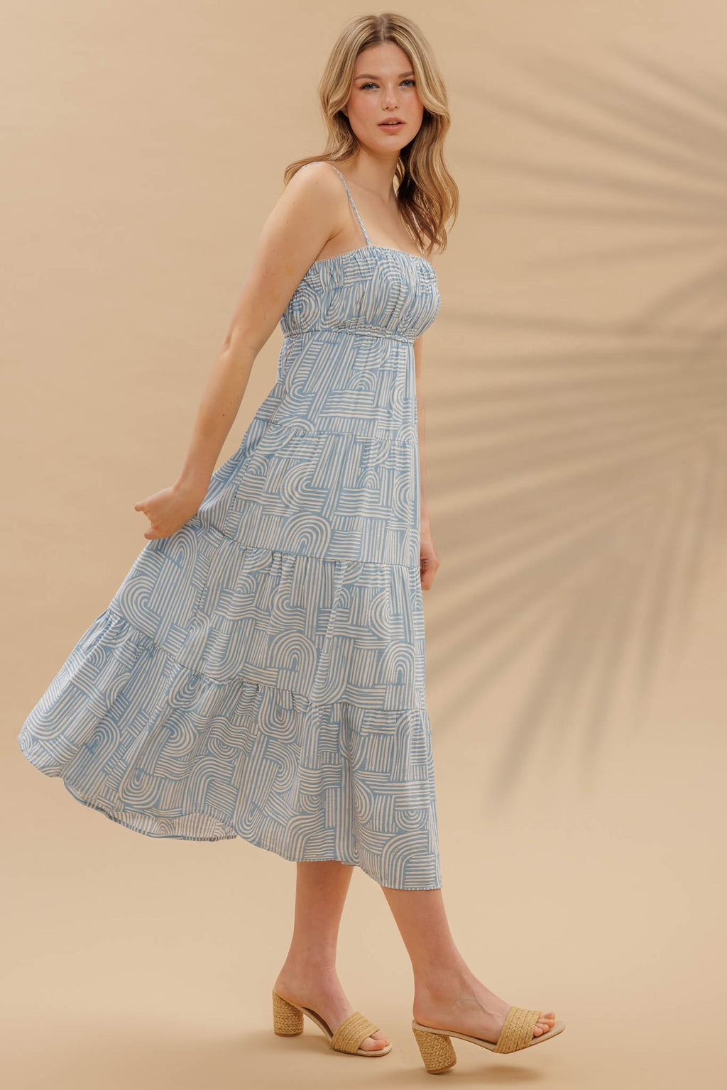 Coastal Labyrinth Empire Waist Tiered Midi Dress- Sky