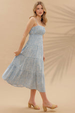 Coastal Labyrinth Empire Waist Tiered Midi Dress- Sky