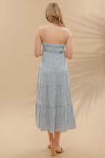 Coastal Labyrinth Empire Waist Tiered Midi Dress- Sky