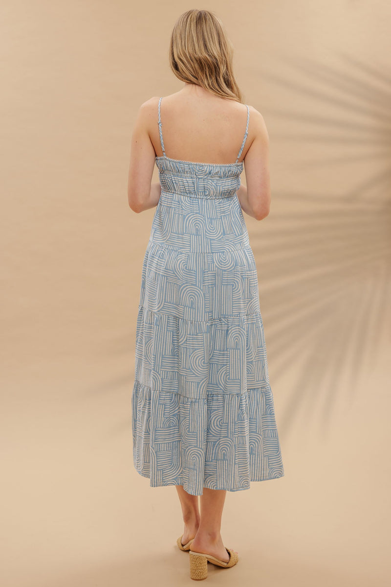 Coastal Labyrinth Empire Waist Tiered Midi Dress- Sky