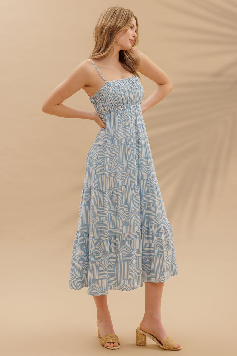 Coastal Labyrinth Empire Waist Tiered Midi Dress- Sky